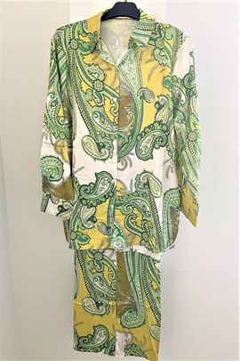 Silkelook sæt damer i grønt mønster inkl. bukser med elastik i taljen